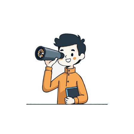 Illustration of a boy looking through a telescope, holding a book, symbolizing exploration and discovery.のイラスト素材