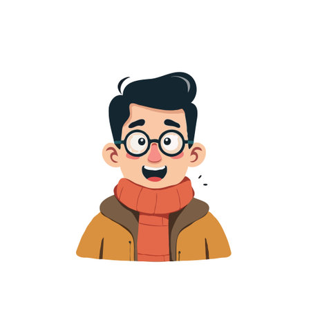 Cheerful cartoon illustration of a man with glasses, wearing a scarf and jacket, smiling. Isolated on white background.のイラスト素材
