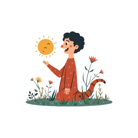 Illustration of a boy with a snake tail sitting in a meadow with flowers, reaching for the sun.のイラスト素材