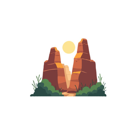 Stylized vector illustration of a desert landscape with towering rock formations and lush green vegetation.のイラスト素材