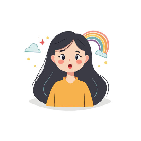 Illustration of a surprised girl with a rainbow in the background. Ideal for positive, cheerful, and...