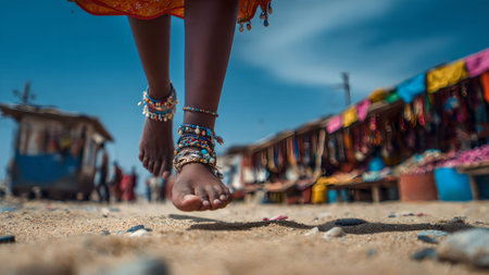 Woman with anklets jumps on the sand of a beach with market stalls in the background on a sunny day.の素材