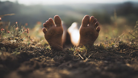 Low angle shot of bare feet sticking out of the ground. Concept of nature, grounding, and earth connection.の素材