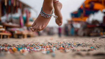 Young woman's feet adorned with anklets, suspended above colorful beads scattered on a sandy beach. Carefree summer vibes.の素材