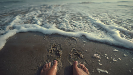 Barefoot on the beach at sunset. Footprints in the sand with ocean waves washing ashore. Summer vacation concept.の素材