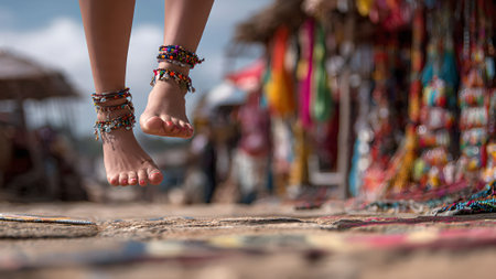 Woman's feet with colorful anklets dangling over a sandy beach with market stalls in the background.の素材