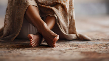 Close-up of crossed legs and bare feet of a woman sitting on the floor, draped in a light fabric.の素材