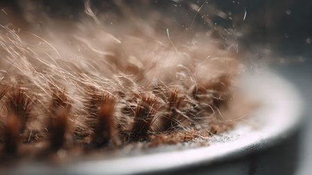 Macro shot of a bristle brush showing detail and dust particles. Focus on texture and detail of the brush.の素材