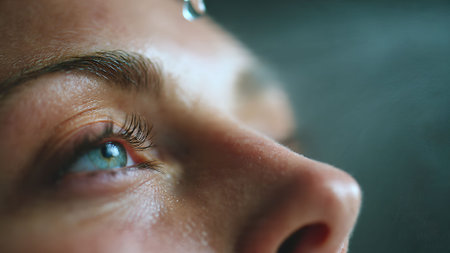 Close-up of a woman's face with a water drop falling from her forehead, focusing on her eye and skin texture.の素材