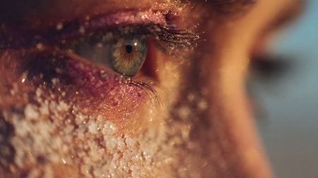 Detailed close-up of a human eye with salt crystals on the skin, capturing texture and unique beauty.の素材