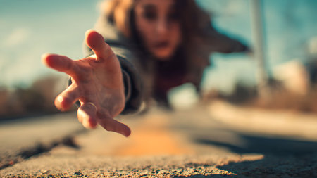 Close-up of a woman reaching out her hand, symbolizing desperation, need for help, and emotional distress on a road.の素材