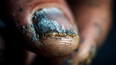 Close-up of a dirty fingernail with grime and debris, showcasing manual labor and unhygienic conditions.の素材