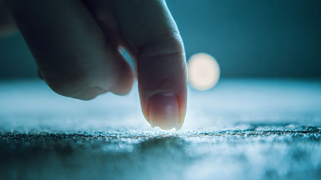 Close-up of a finger touching a snowy surface, creating a winter or cold weather concept. Minimalist and evocative.の素材