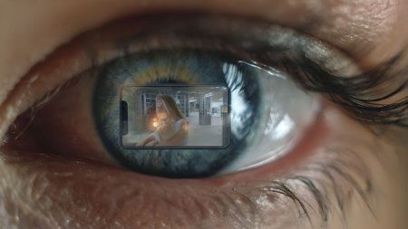 Close-up of a human eye reflecting a smartphone screen, creating a surreal and captivating visual experience.の素材