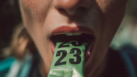 Close-up of a female athlete with an energy gel in her mouth, showing the number 23. Focus on endurance and nutrition.の素材