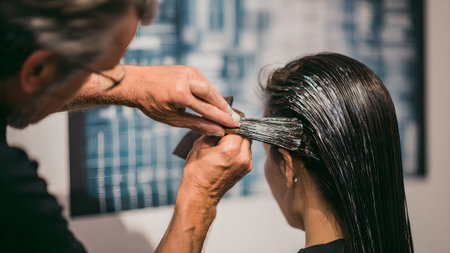 Professional hairdresser applies dye to a client's hair in a salon. Hair coloring process and beauty care concept.の素材
