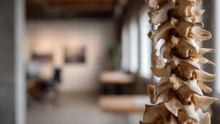 Close-up of a human spine model in a bright, modern office setting. Healthcare, anatomy, and wellness concept.の素材