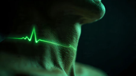 Close-up of a man's neck with a glowing green heartbeat line, symbolizing health and vitality.の素材