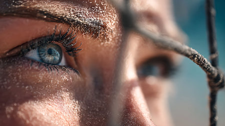Close-up of a woman's face, her eyes filled with emotion, framed by sand and barbed wire, conveying resilience and strength.の素材