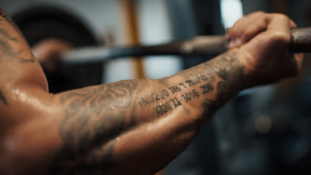 Close-up of a muscular arm with tattoos lifting weights in a gym, showcasing strength and fitness.の素材