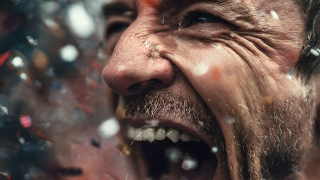 Close-up of a man expressing intense emotion, possibly anger or frustration, with a gritty and raw aesthetic.の素材