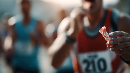 Marathon runner in action, consuming an energy bar for a quick boost. Focus on endurance, nutrition, and determination.の素材