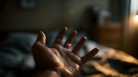 An outstretched hand reaches towards the light in a dimly lit bedroom, conveying hope and connection.の素材