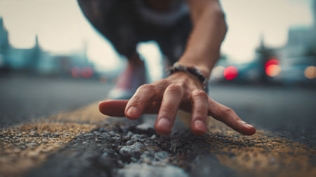 Close-up of a hand reaching out on an asphalt road with blurred city background, symbolizing connection and urban life.の素材