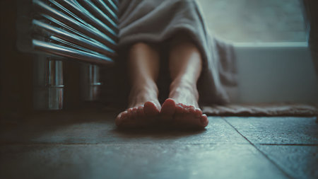 Close-up of bare feet on tiled floor near radiator after a relaxing bath. Self-care and wellness concept.の素材