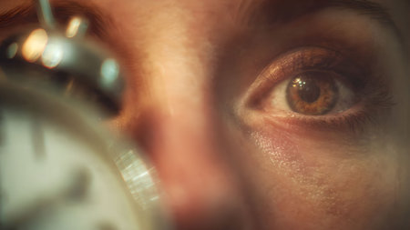 Close-up of a woman's eye with an alarm clock in the foreground, depicting sleeplessness and insomnia.の素材