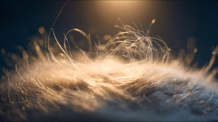 Macro shot of fluffy down feathers creating a soft, warm texture. Abstract background with delicate details.の素材
