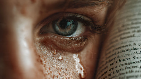 Close-up of a tearful eye next to an open book, capturing the raw emotion and impact of literature.の素材