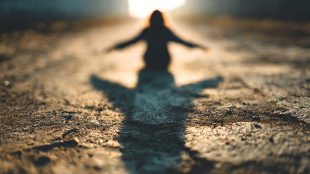 Backlit silhouette of a person with outstretched arms, casting a long shadow on a textured ground in golden light.の素材