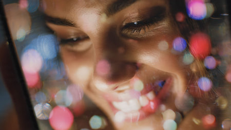 Close-up of a smiling woman looking at her smartphone screen with colorful bokeh lights reflecting on her face. Joyful and modern.の素材
