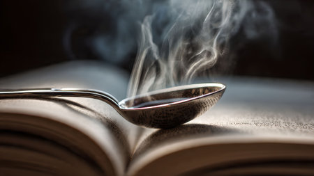 Close-up of a spoon filled with steaming liquid resting on an open book, creating a mysterious and intriguing scene.の素材