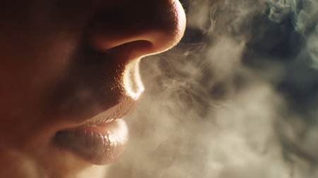 Close-up of a person exhaling vapor. The vapor surrounds the nose and mouth, creating a hazy effect.の素材