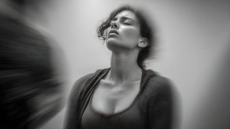 Black and white portrait of a woman with her head tilted back, eyes closed, experiencing emotional release or relief.の素材