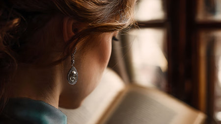 Close-up of a woman reading a book near a window, bathed in soft, natural light. Focus on the earring.の素材