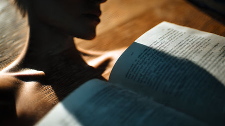 Close-up of a woman reading a book in bright sunlight, creating shadows and highlights on the pages and her skin.の素材