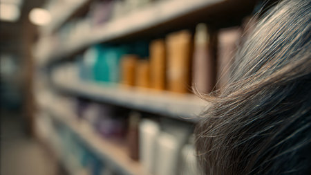 Close-up of a woman's hair while shopping for hair products in a store aisle. Focus on hair.の素材