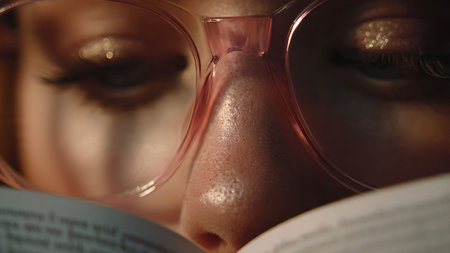 Close-up of a woman reading a book with pink glasses. Focus on learning and education concept.の素材