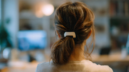 Back view of a woman with a ponytail sitting in an office. Focus on her hair and the blurred background.の素材