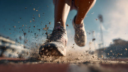 Close-up of a runner's foot kicking up dirt and dust while running on a track. Athletic competition concept.の素材