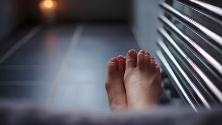 Close-up of bare feet resting on a warm, modern heated towel rail in a bathroom, promoting relaxation and comfort.の素材