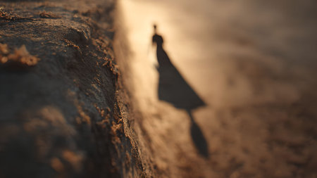 Intriguing image of a shadow figure walking on a sandy beach during sunset. Evokes mystery, solitude, and contemplation.の素材