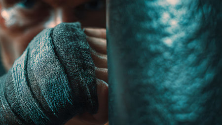 Close-up of a determined boxer with hand wraps, ready for training or a fight, showcasing strength and focus.の素材