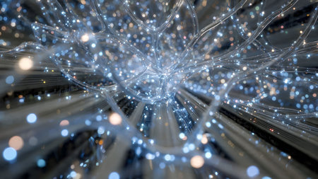 Abstract fiber optic cables transmit data. Futuristic technology background with blurred bokeh. Concept of communication.の素材