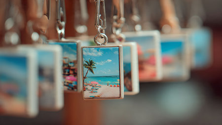 Close-up of keychains featuring beach scenes, displayed as souvenirs. Focus on travel and vacation memories.の素材