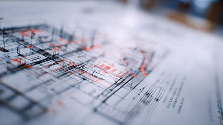 Close-up of an architectural blueprint with red highlights, symbolizing detailed planning and construction.の素材