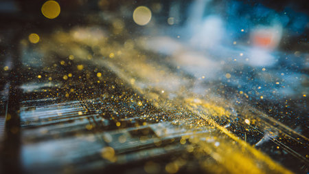 Macro shot of gold dust particles scattered on a circuit board, creating an abstract and futuristic effect.の素材